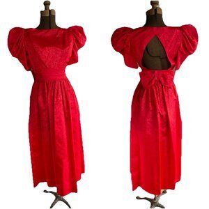 Vintage Red Taffeta Dress Size 3/4 Puff Sleeve Bow Belted Long A-Line Cottage